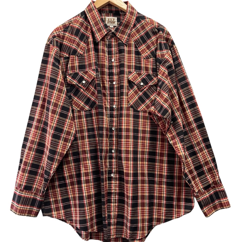 Ely Cattleman Western Shirt‎ Men XXL Plaid Pearl Snap Long Sleeve Cowboy Rodeo